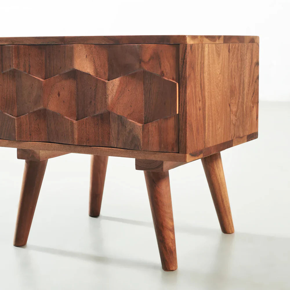 Geometric Carved Wood Nightstand