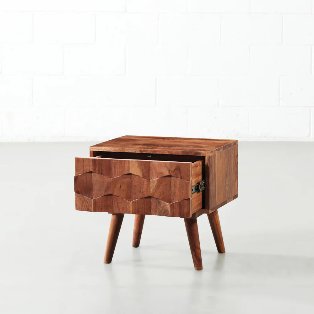 Geometric Carved Wood Nightstand
