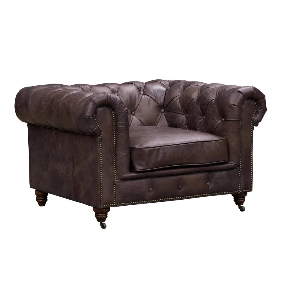 Buffalo leather Chesterfield Arm Chair - Dark Brown Leather