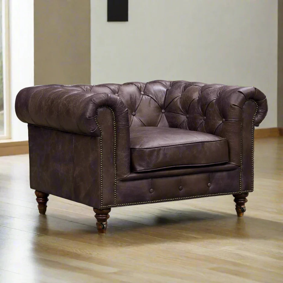 Buffalo leather Chesterfield Arm Chair - Dark Brown Leather