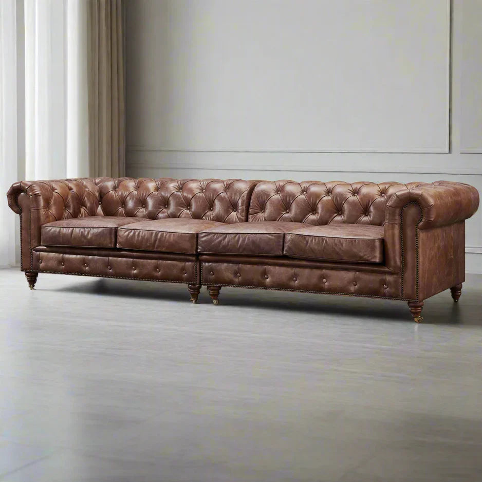 Buffalo Leather Chesterfield Sofa - Bark Brown Leather - 120