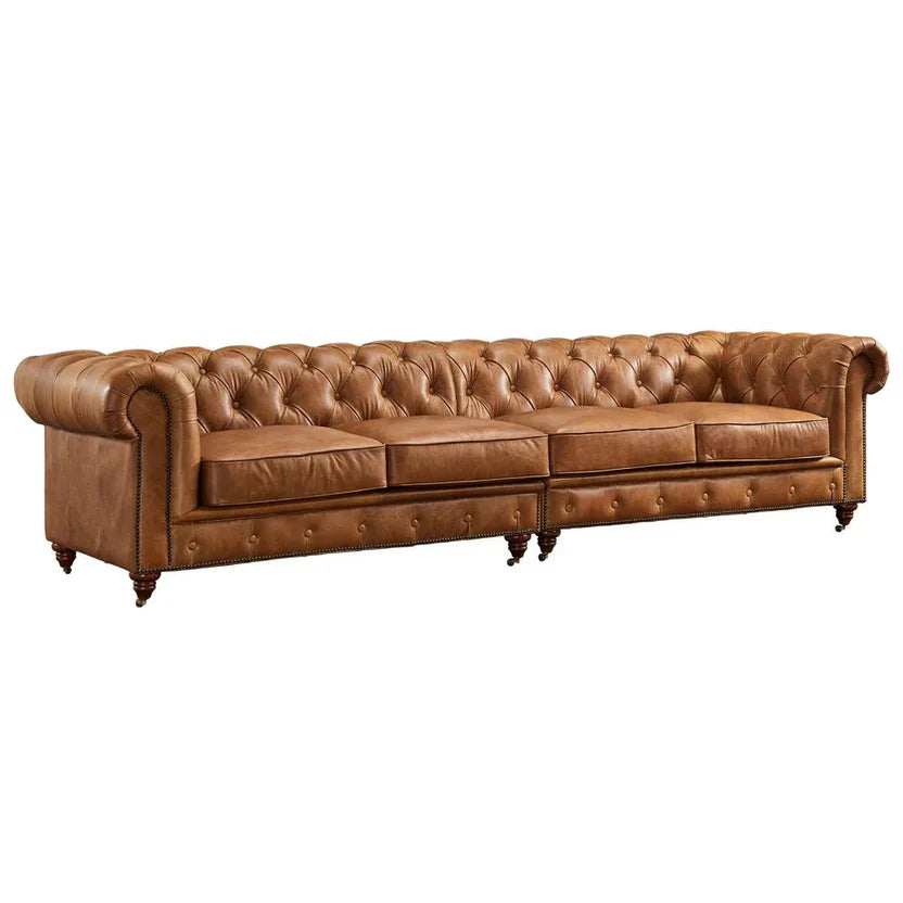 Buffalo Leather Chesterfield Sofa - Light Brown Leather - 120"