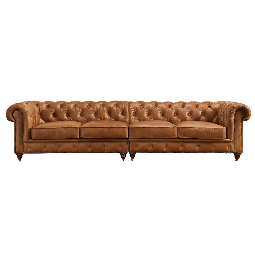 Buffalo Leather Chesterfield Sofa - Light Brown Leather - 120"