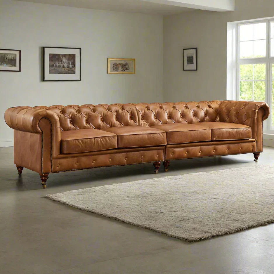 Buffalo Leather Chesterfield Sofa - Light Brown Leather - 120"