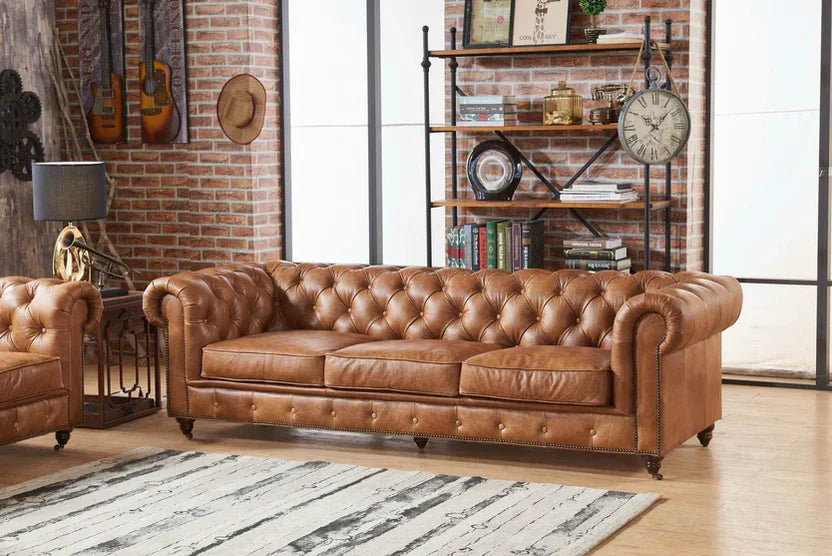 Buffalo Leather Chesterfield Sofa - Light Brown Leather