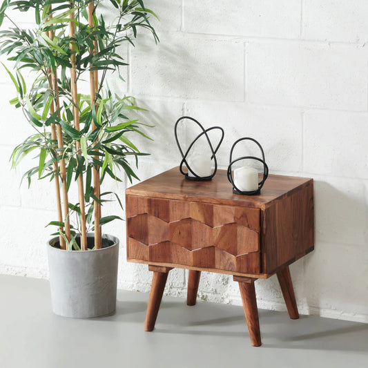 Geometric Carved Wood Nightstand